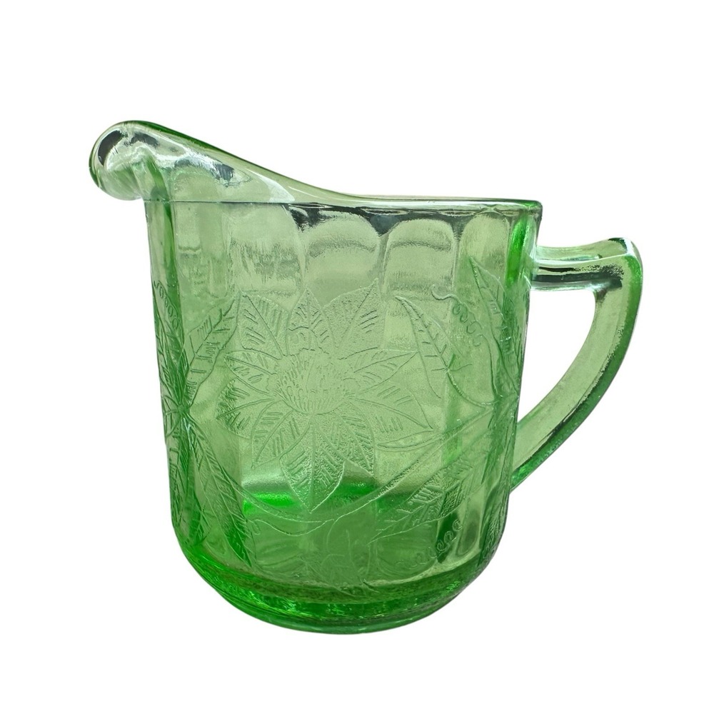 Jeannette Uranium Depression Glass Floral Poinsettia Creamer Pitcher 3.5" EUC